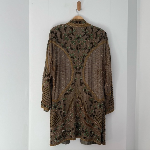 Vintage 1980s couture taupe brown silk beaded sequin kimono jacket - One Size - Picture 4 of 6